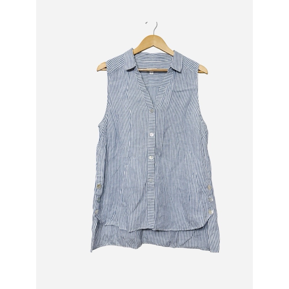 J. Jill 100% Linen Sleeveless Tunic Blue White Stripe Shell Buttons Coastal L